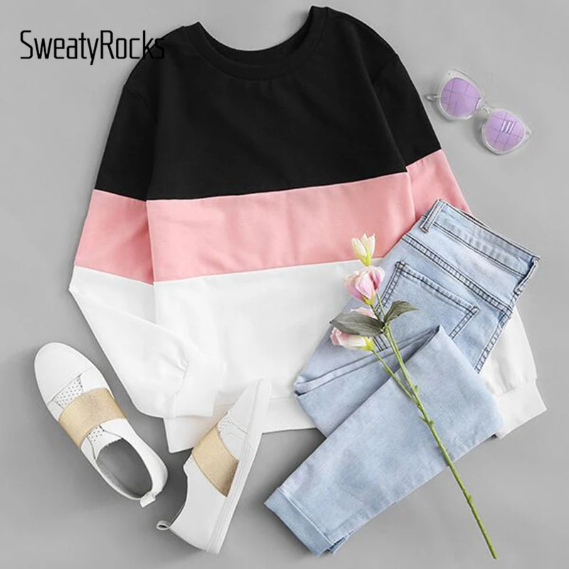  SweatyRocks Active Chic Sweatshirts Cut Sew Patchwork Pullovers Women Tops Color Block Crew Neck Fa