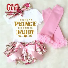 4 предмета, Одежда для новорожденных девочек г., летний хлопковый комбинезон с короткими рукавами, шорты с цветочным рисунком гетры+ повязка на голову, костюмы с надписью Daddy