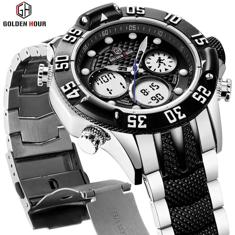 GOLDENHOUR Herren Sport Analog Digital Uhren Outdoor Wasserdicht Großes Gehäuse Militär Armbanduhr Voll Edelstahl Quarz Mal_voghion.com