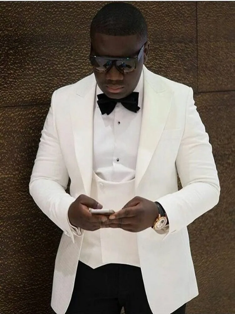 Fashion White Wedding Suits For Men Black Pants Formal Tuxedo Groom Party Plus Size Slim Fit Prom Blazer 3 Pieces Ternos | Мужская