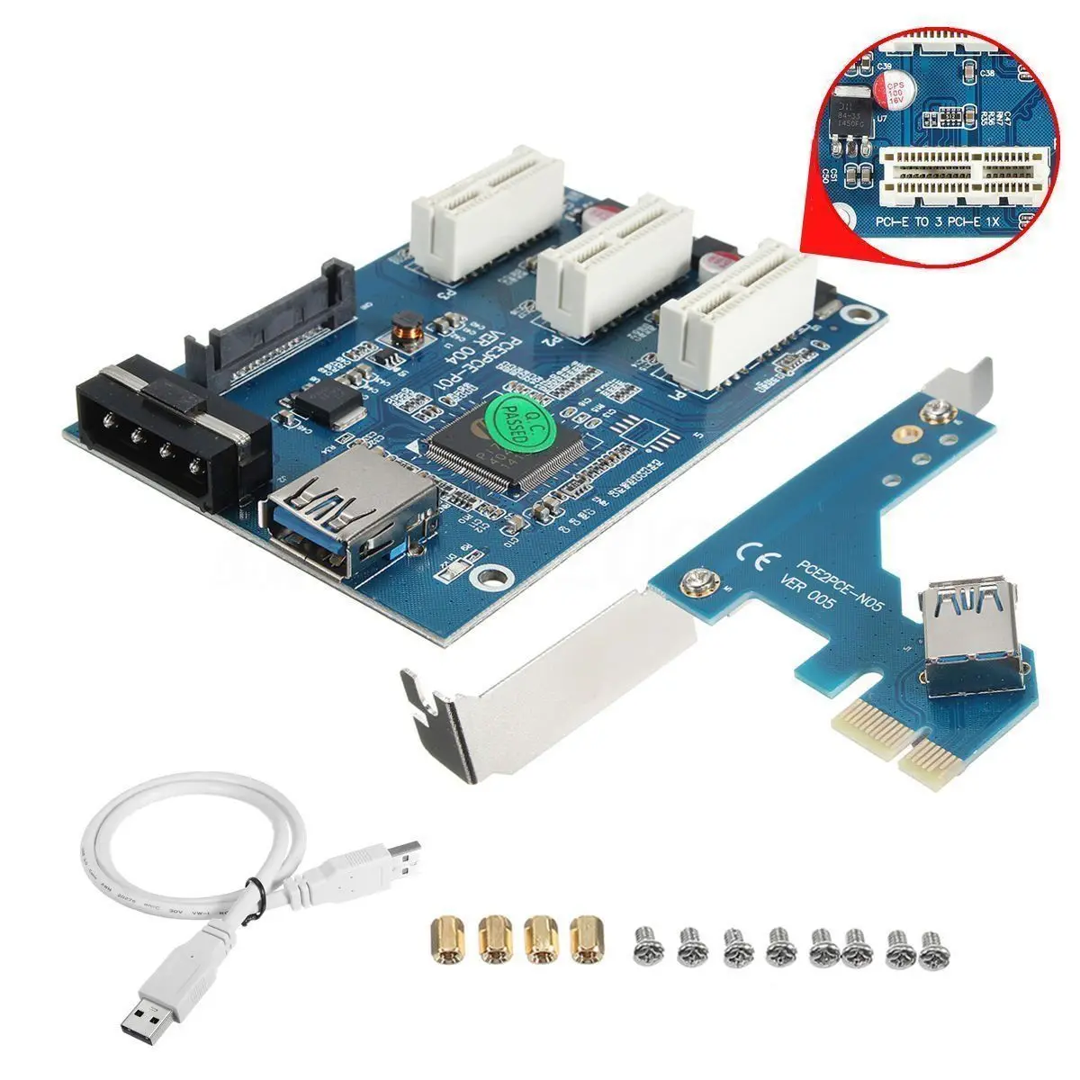 

New PCI-e Express 1X to 3 Port 1X Switch Multiplier HUB Riser Card +USB Cable EM88