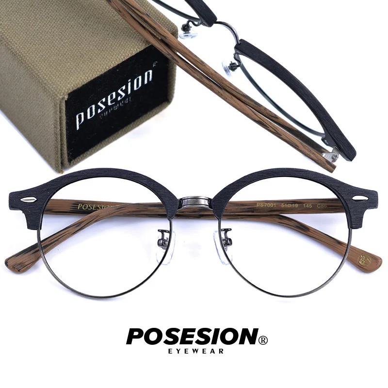 

Posesion Handmade Vintage Wooden Half-Frame Eyeglasses For men Fashion Designed Women Metal Eyewear Frame and Optical Glasses