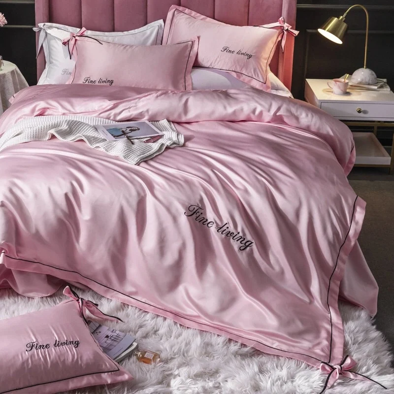 

Luxury 4pcs Solid Satin Bedding Sets Two-sided Washed Silk Bowknot Queen/King Size Bedding Set Duvet Cover Set Bed Sheet