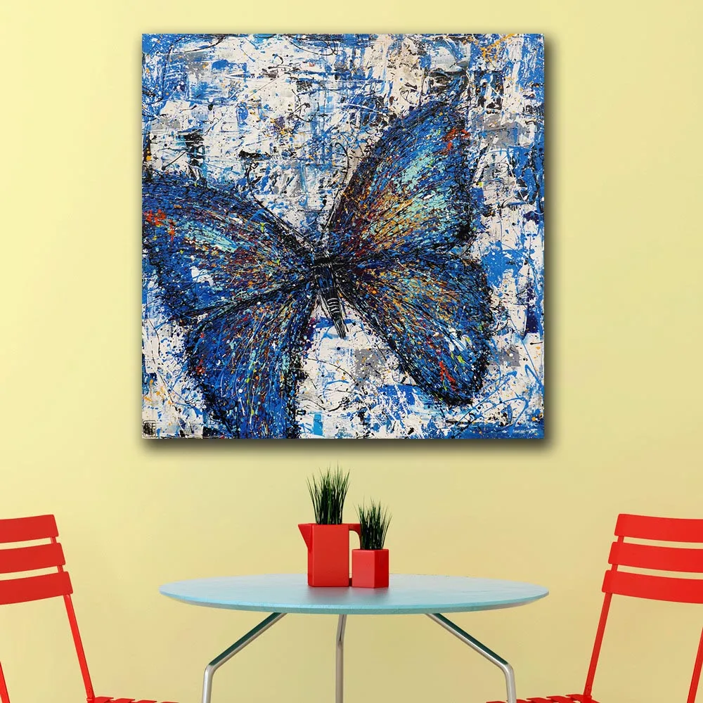 Oil Painting POP REALISM BLUE BUTTERFLY Wall Decoration Painted Wall