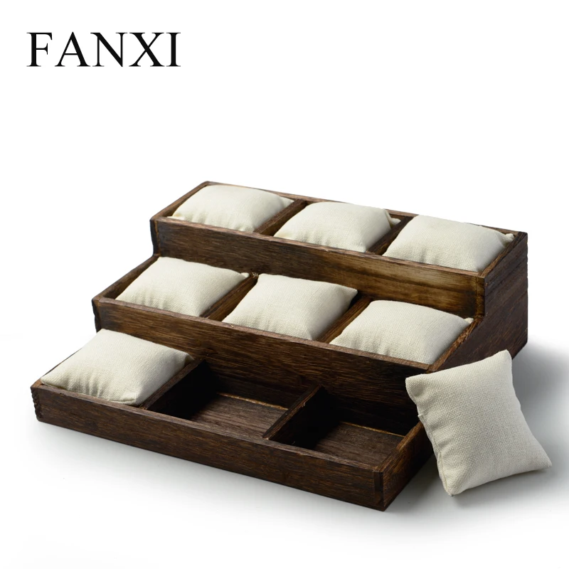FANXI Vintage Wooden Jewelry Display Tray Stand Bangle Bracelet Watch Holder with Linen Pillow Shop Counter Jewelry Organizer