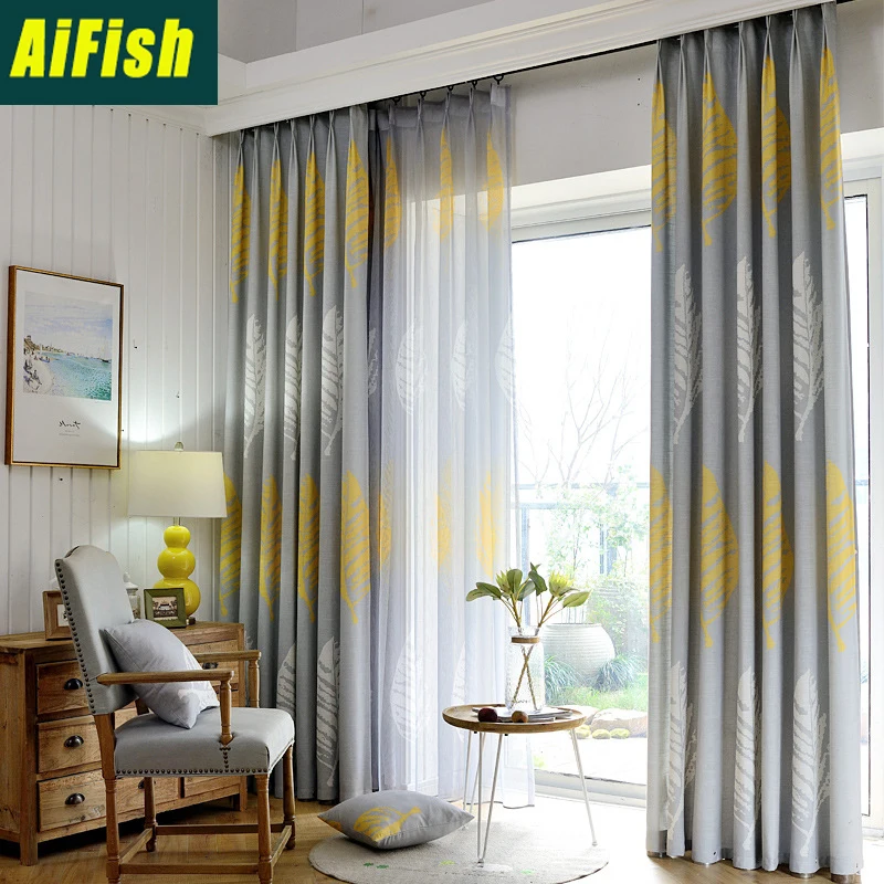 

Modern Gray Yellow Leaves Tulle Curtain Sheer Linen for Living Room Customized Semi Blackout Curtains for Bedroom WP205&3