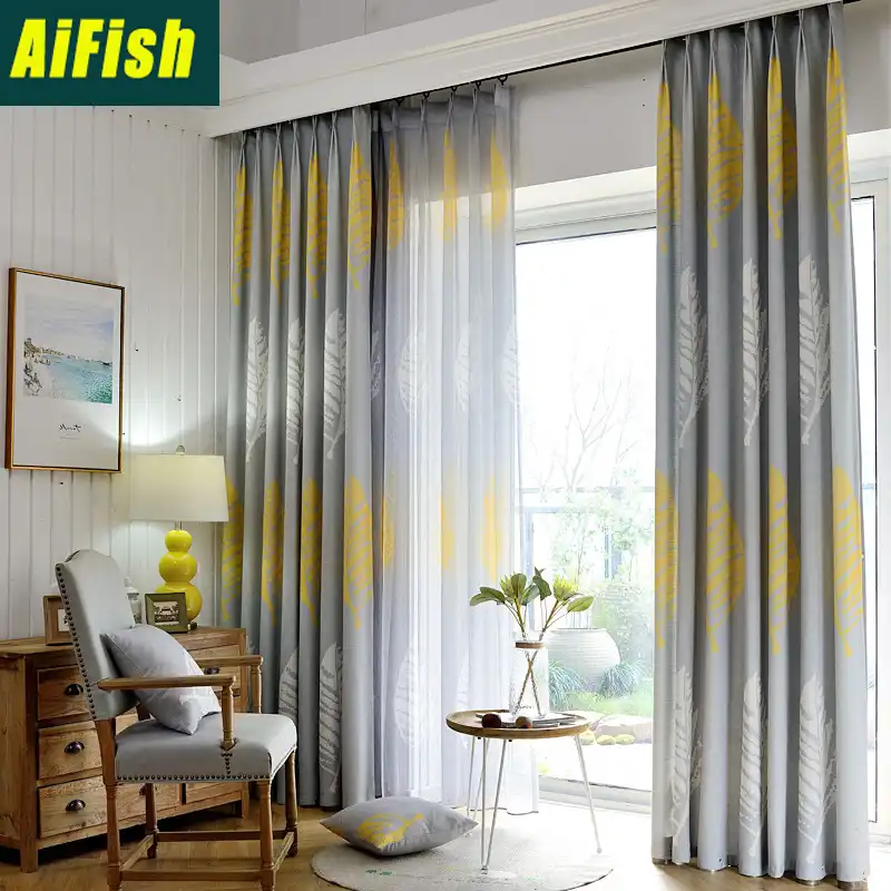 Modern Gray Yellow Leaves Tulle Curtain Sheer Linen For Living