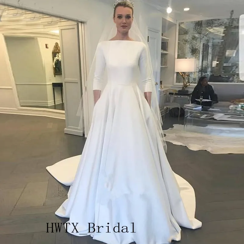 Скромное атласное свадебное платье 2019 Дешевое 3/4 с длинным рукавом Vestido De Noiva A Line суд Поезд невесты платье на заказ Robe de mariee