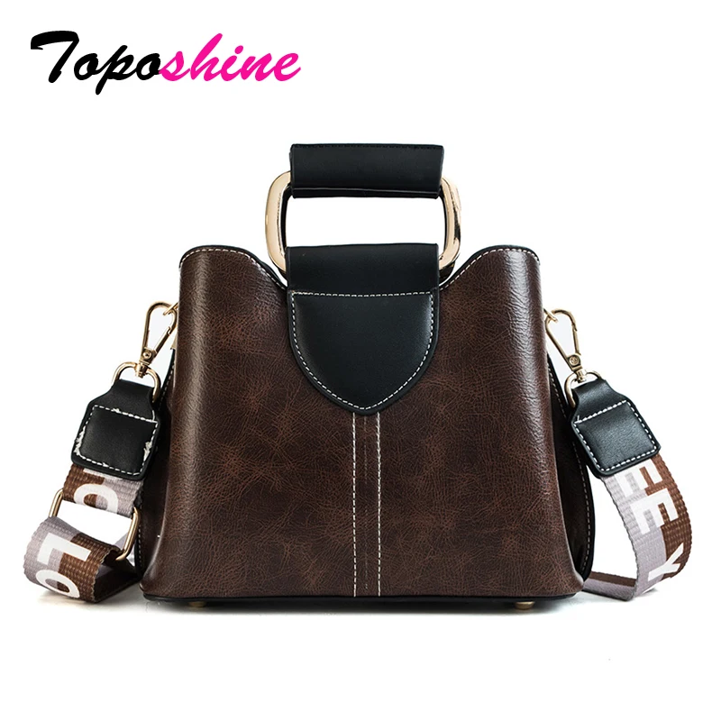 

Toposhine Vintage Women Totes Fashion Lady Handbags Top Quality PU Leather Solid Ladies Fashion Bags Letter Strap Shoulder Bag