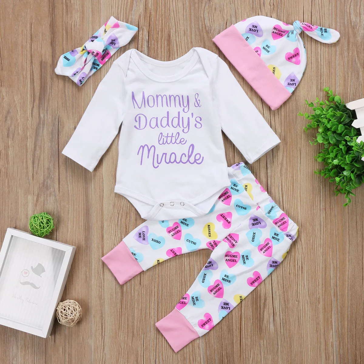 4PCS Newborn Baby Girls Outfit Clothes Romper Jumpsuit Bodysuit+Floral Pants Set