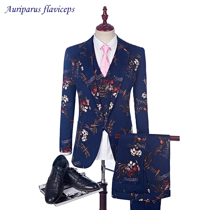 New Stylish Luxury 3 Suit Men Wedding Suit Printed Dragonfly Rooster ...