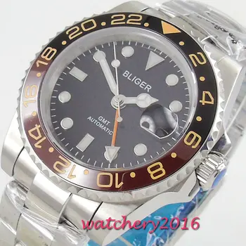 

40mm Bliger Black Dial Sapphire Glass Orange GMT Hand Rotating Ceramic Bezel Date Luminous mark Automatic Movement men's Watch
