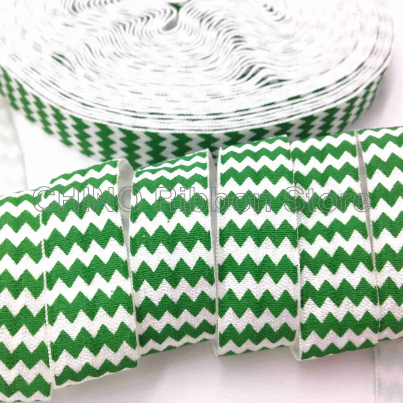 

10 yards 5/8" Green Chevron Print Fold Over Elastic FOE Ribbon Webbing for Girl Wristband Hair bow Headband Hair band Accessory