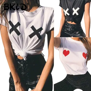 

BKLD 2018 Summer T-shirt Women Casual Lady Top Tees Cotton Clothes Women T Shirt X Heart Funny Printed Womens Tops And T Shirts