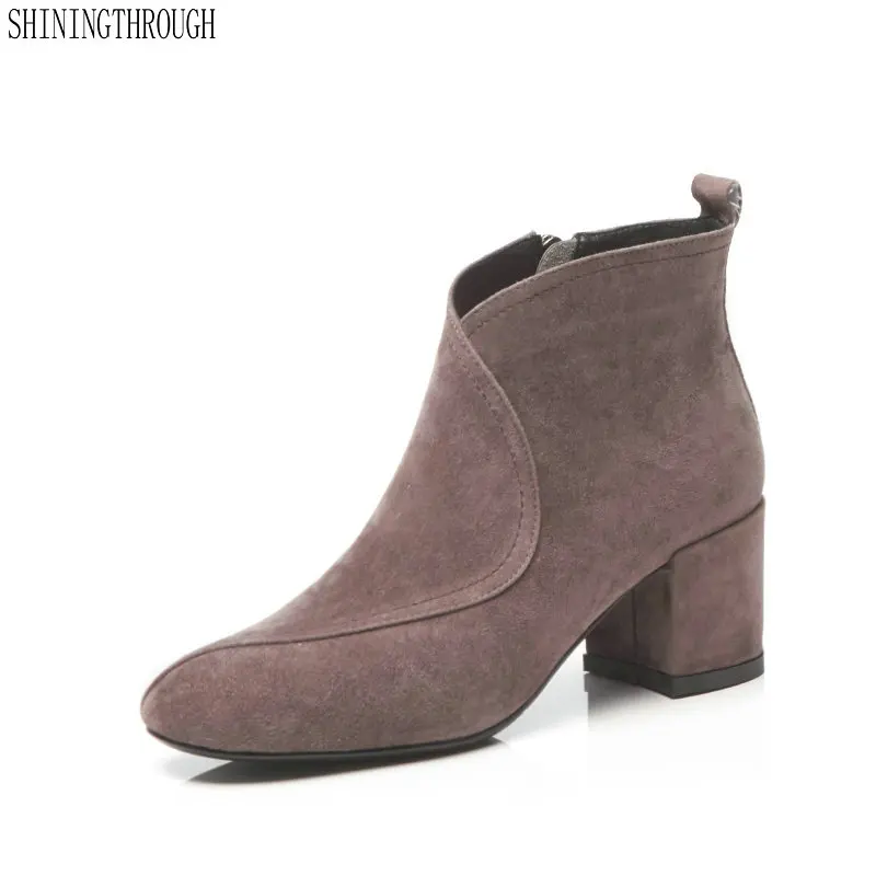 

Suede leather women high heels ankle boots mather shoes woman square toe spring autumn boots black gray large size 42