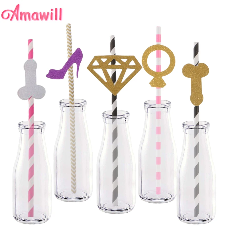 Amawill 25pcs Paper Straws Diamond High Heels Ring Dick Drinking Straw