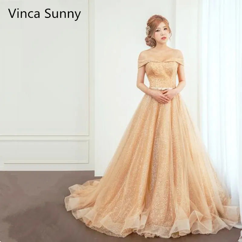 off the shoulder gold prom dress