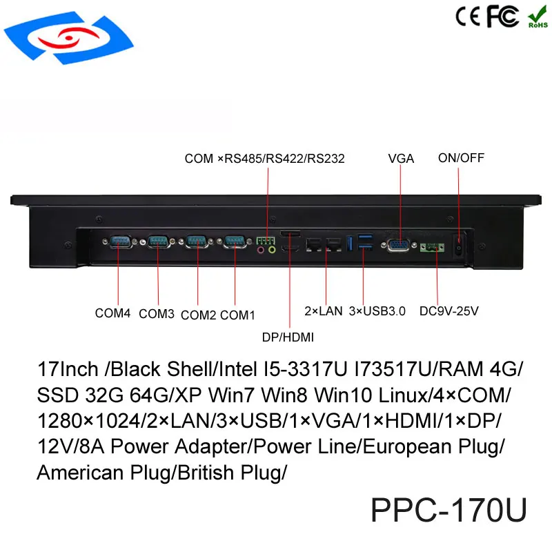 Заводская цена 17 "настенное крепление все в одной панели ПК с 32G/64G/128G/256G SSD хранения и Intel Core I5-3317U/I7-3517U cpu