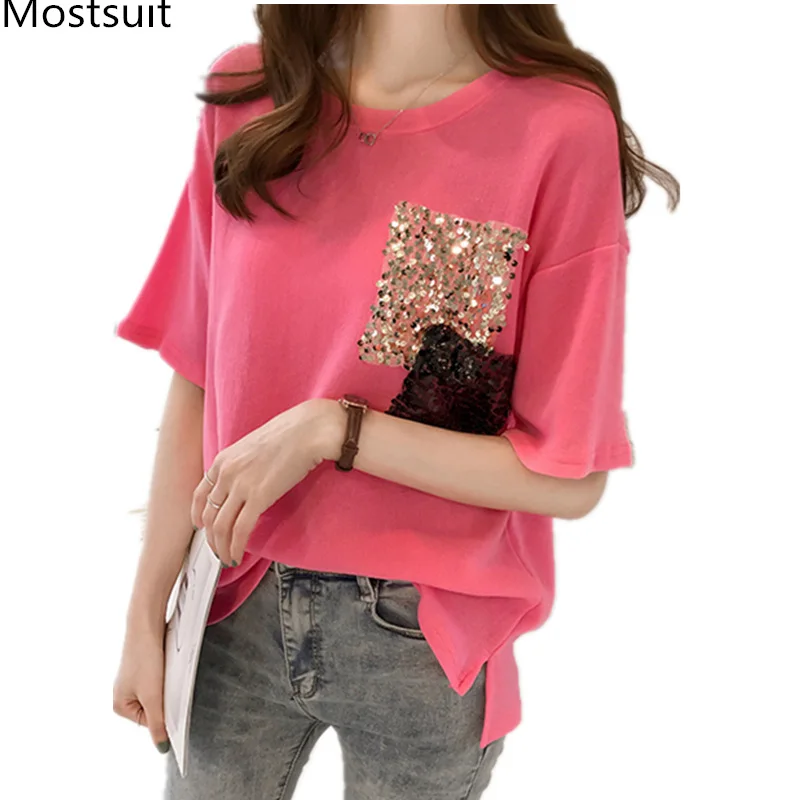 

Summer Korean Harajuku Sequins T Shirts Women Plus Size Short Sleeve O-neck Pockets Loose Casual T-shirts Tops Tees Mujer 2019
