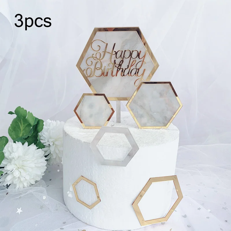 New INS Marble Acrylic Cake Topper Hexagon Gold Happy Birthday Cake Topper For Kids Birthday Party Cake Decorations Baby Shower - Цвет: 1