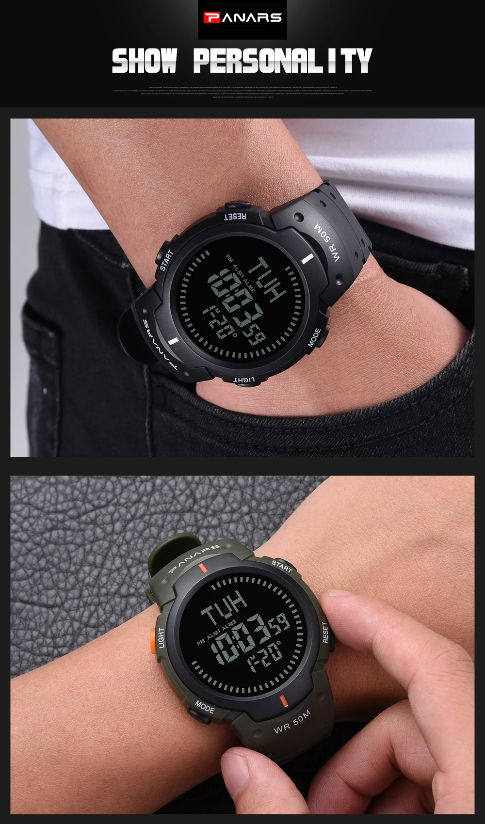 PANARS спортивные часы мужские часы компас-хронограф секундомер мировое время неделя Дата светодиодный дисплей цифровые наручные часы Часы 8208