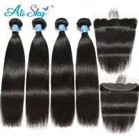 Ali Sky บราซิลตรง 4 ชุดพร้อมฝาปิดด้านหน้า Human Hair 13x4 หูเพื่อ Ear Lace Frontal Closure การรวมกลุ่ม Remy