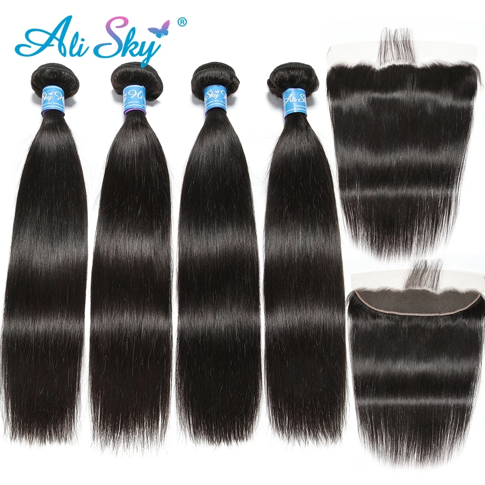 

Ali Sky Brazilian Straight 4 Bundles With Frontal Closure Human Hair 13x4 Ear To Ear Lace Frontal Closure With Bundles Remy