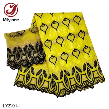 

African Fashion Embroidery Pure Cotton Bazin Fabric 5 Yards Match French Tulle Lace 2 Yards for One Set for Clothing LYZ-91