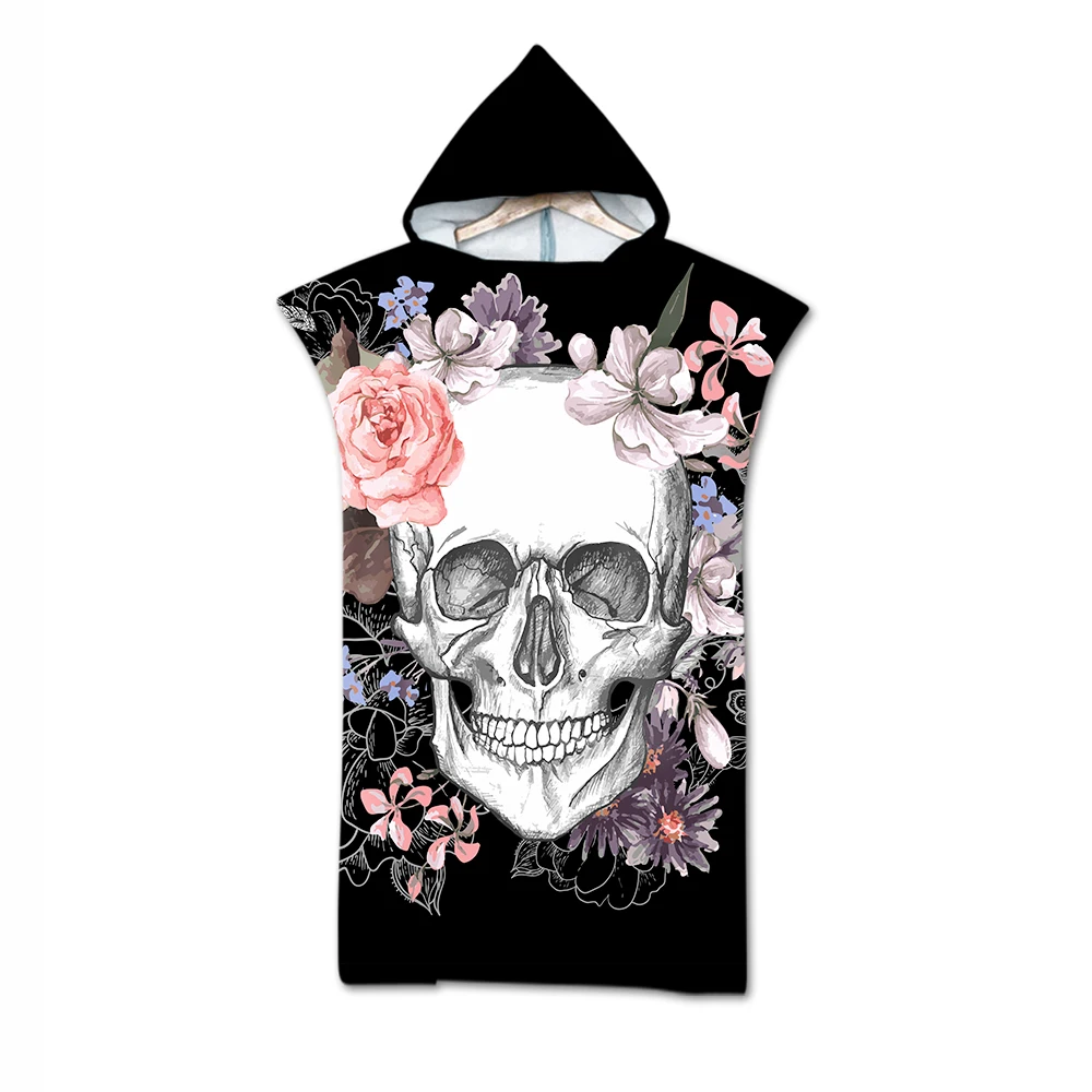 Free shipping Novelty Gift Gothic Cool Sugar Skull Flower Rose Pattern Large Hooded Spa Sauna Surf Swim Bath Beach Towel Poncho