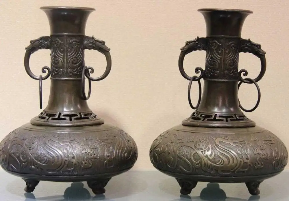 

9" China Bronze Copper Buddhism Dragon Beast Vase Pot Incense Burner Censer Pair