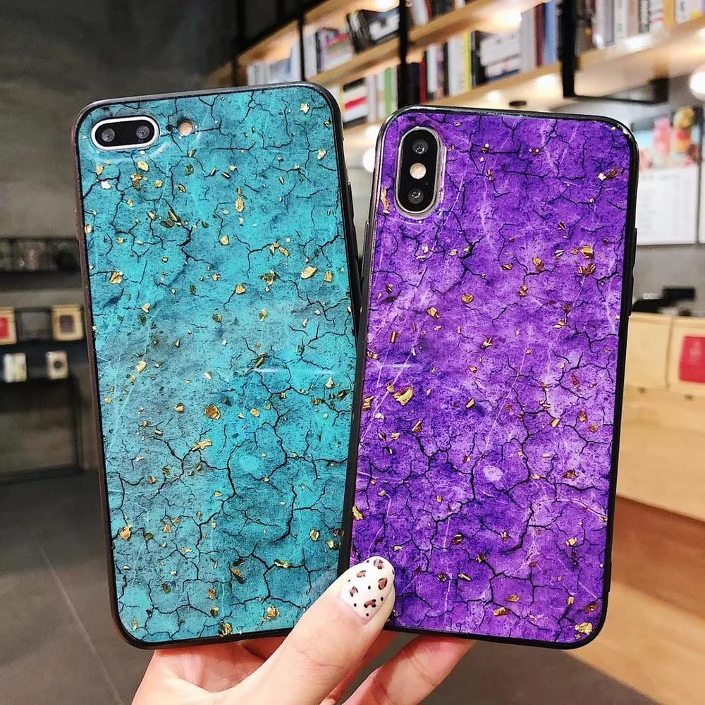 for iphone 6 6s 7 8 plus X Xs max Xr Violet Emerald Color Marble Phone Case Glitter Gold Foil Black Soft Edge Mobile Back Cover |