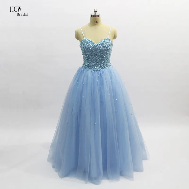 

Luxury Evening Dress Long 2019 Light Blue Exquisite Pearls Top Soft Tulle A Line Floor Length Custom Made Evening Dresses