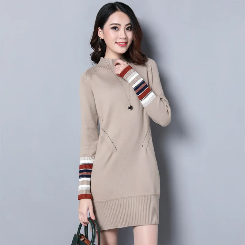 

Winter Spring Warm Knitted Dresses For women half-high collar Pullover sweater long bottoming shirt loose primer
