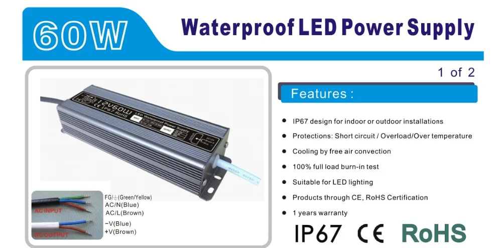 12 V/60 W Водонепроницаемый режим переключение, питание; IP67 Номинальная; AC170-240V/AC90-130V вход; DC12V выход