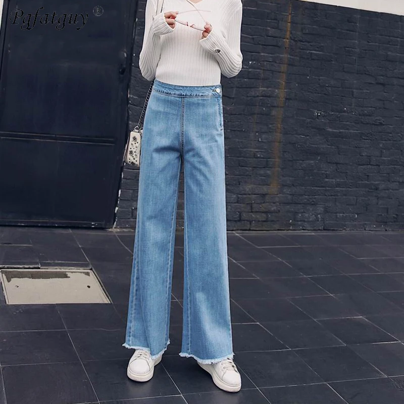 Jeans For Women Casual Sky Blue Jeans 2019 Wide Leg Pants Skinny Women Jeans With High Waist Blue Ladies Tassel Bottoms Jeans