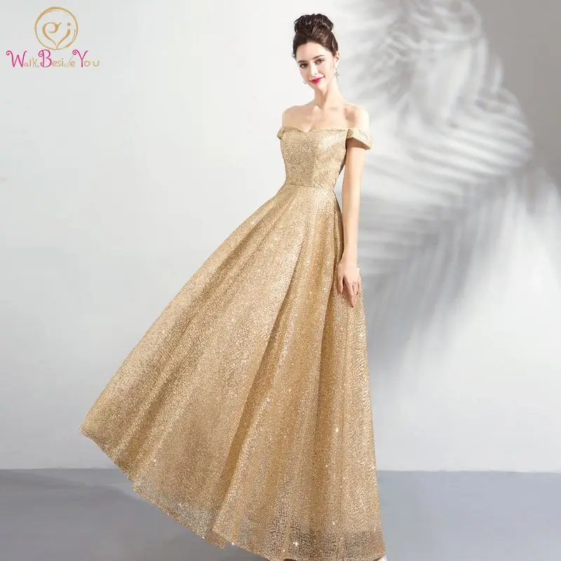 Walk Beside You Gold Evening Dresses Long Off Shoulder Bling Sequined Prom Gown for Women Abito Cerimonia Donna Sera Engagement
