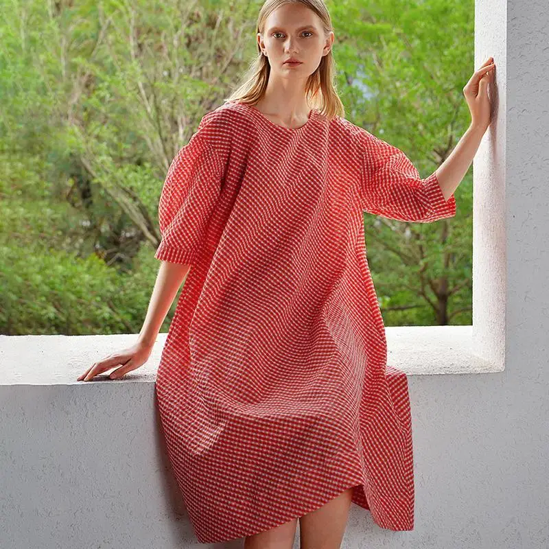 Buykud 2019 Summer Dress Solid Color O-Neck Three Quarter Midi Dresses Casual Plaid Plus Size Female Vestidos (6)