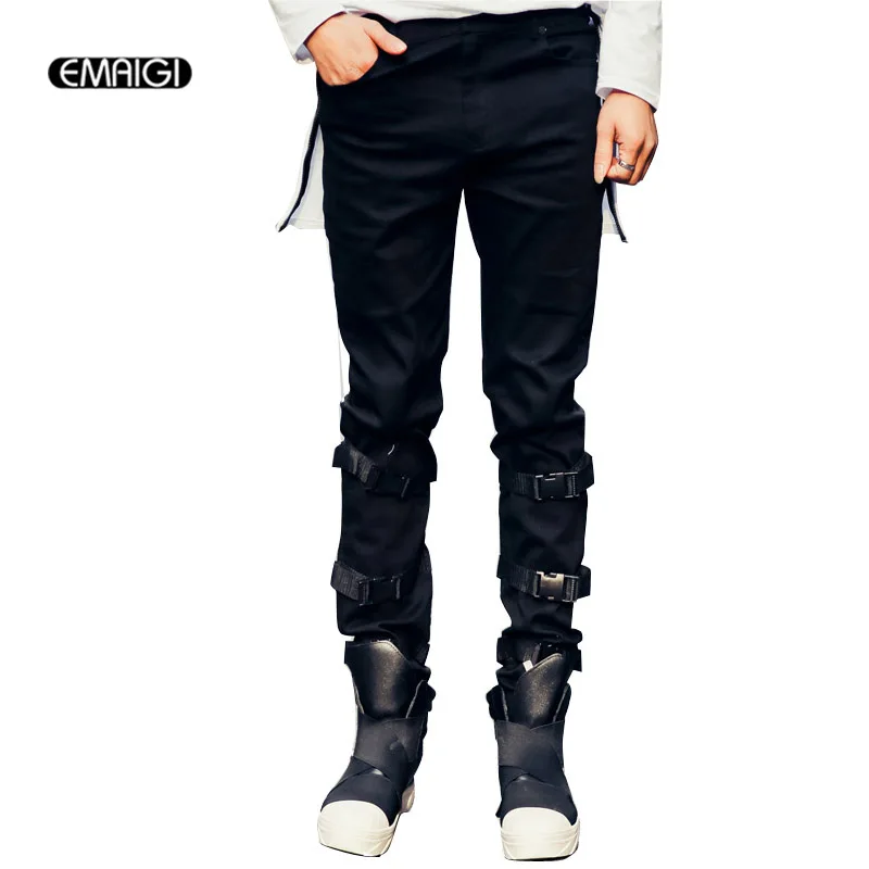 2017 spring new men casual pants legs buckle design men s denim pant high street fashion