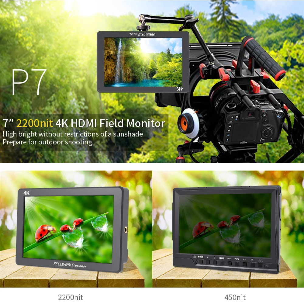 US $299.00 FEELWORLD P7 7 Inch 2200nit Ultra Bright Camera Field Monitor Aluminum Housing 4K HDMI DSLR Monitor 1920x1200 IPS LCD For Camera