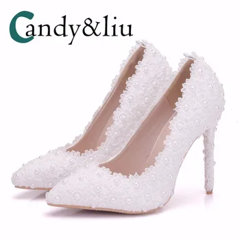 

White Lace Flowers Wedding Shoes High Heels Pointed Toe Slip-on Thin Heel Pumps for Bride Dress Party Banquet Nightclub Lady