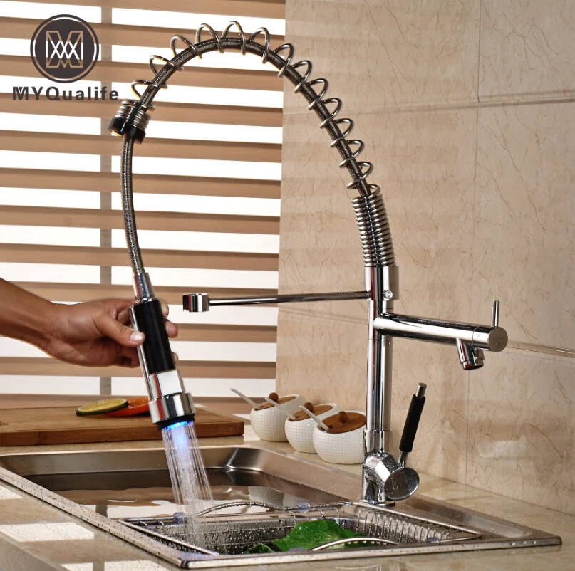 Deck Mount Single Hole Kitchen Brass Mixer Taps Single Handle Dual Spout Pull Down Kitchen Faucet Chrome Finish swivel spout deck mount kitchen spring mixer faucet single handle dual sprayer nozzle water taps chrome finish