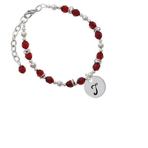 Silvertone Large Script Letter - T - 3/4'' Disc - Maroon Beaded Bracelet
