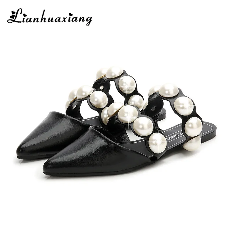 

Spring Summer Women PU Slippers Outdoor Beading Ladies Casual Fashion Solid Pointed Toe Flat Shoes wholesale