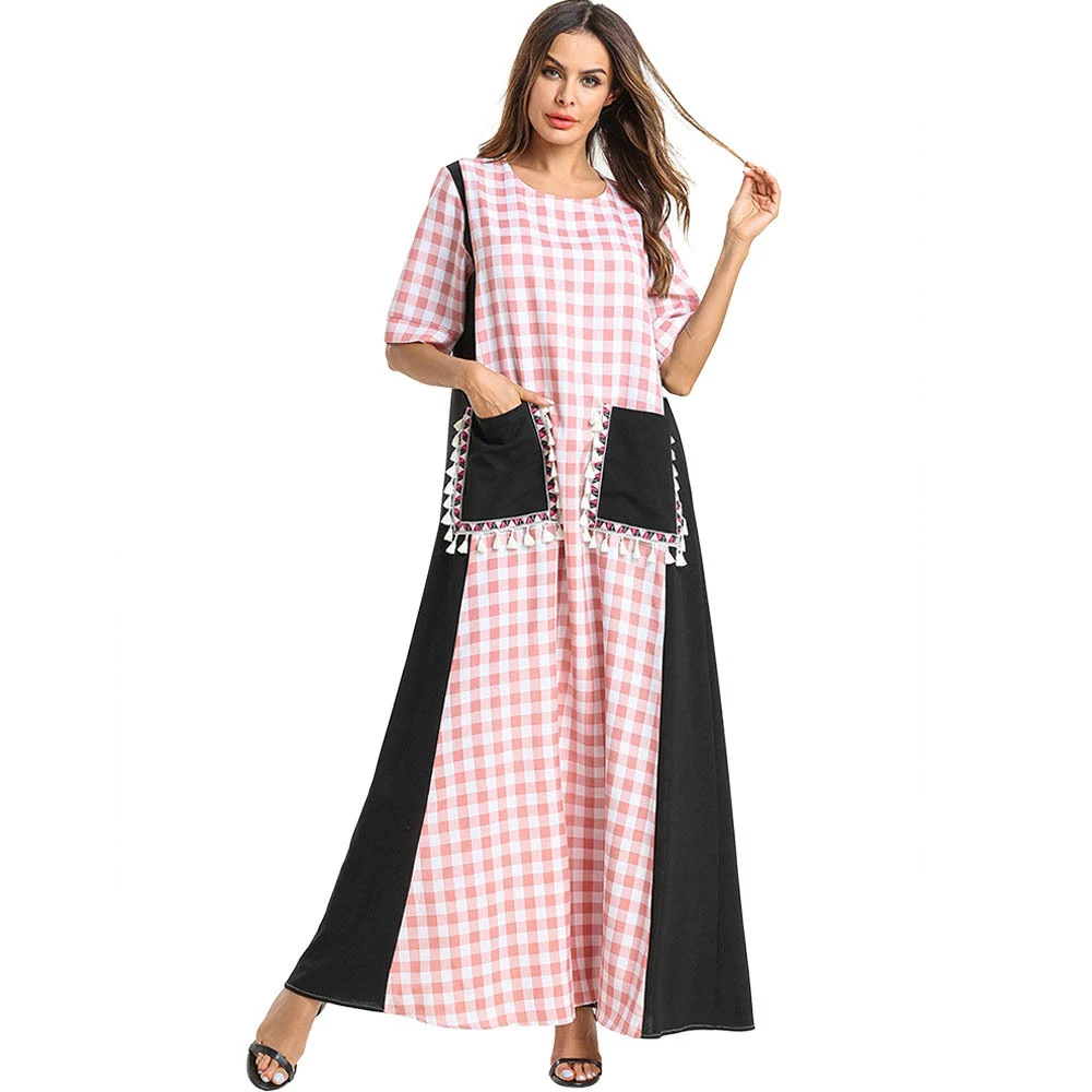 

2019 Women Summer Muslim Dress O Neck Short Sleeve Plus Size 4XL Plaid Long Islamic Dress Dubai Turkish Abaya with Pockets