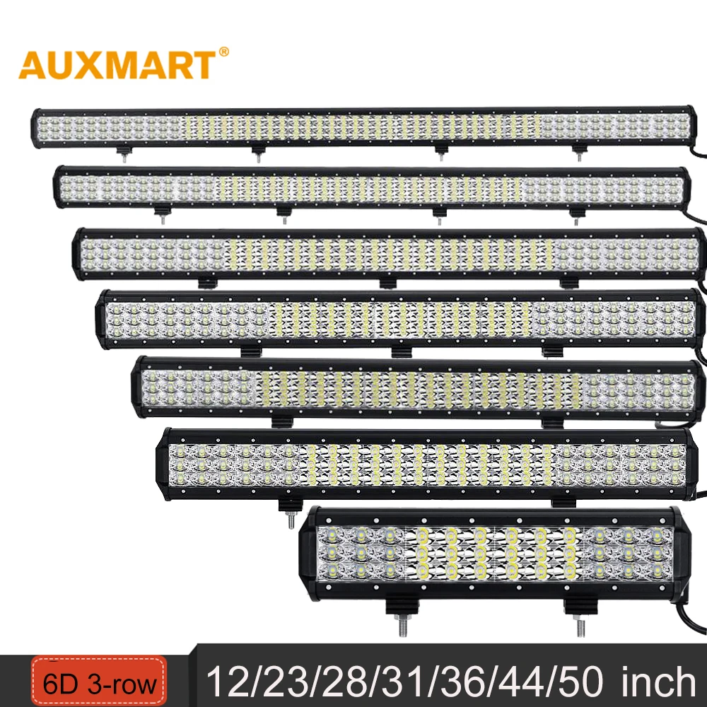 Auxmart 12" 23" 28" 31" 36" 44" 50" 6D 3-row LED Light Bar combo beam Offroad work light 12V 24v SUV ATV 4x4 4WD trailer trucks