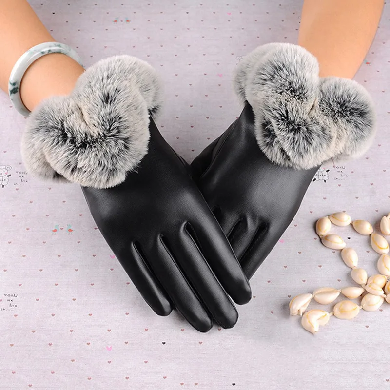 

Touch Screen Gloves PU Leather Women Gloves Waterproof Faux Rabbit Fur Thick Warm Spring Winter Gloves Christmas Gifts