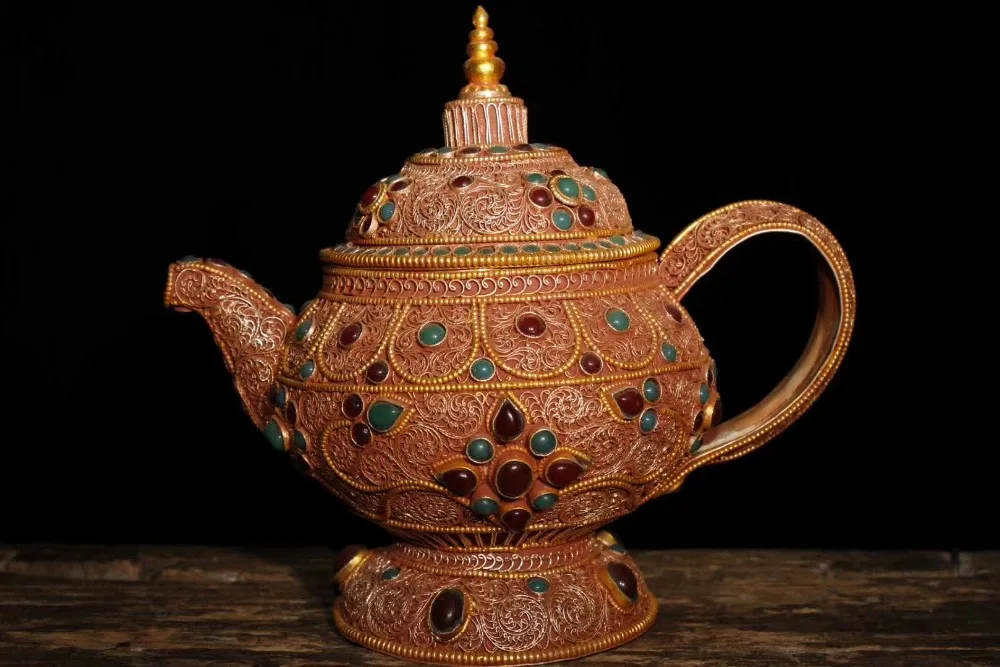 

Christmas decoration home Art collection Tibet silver Hand made wire inlay Inlaid semi-precious stones melted butter pot