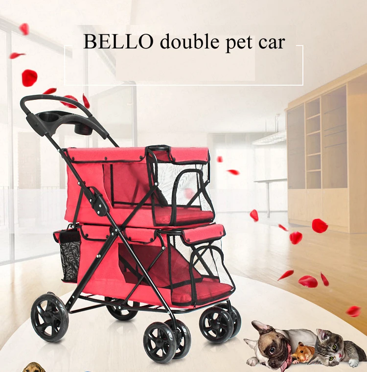 29%, Double-layer Folding Pet Trolley for Puppy Outdoor Portable Four-wheeled Pet Stroller Cat Dog Carrier 25kg Bearing