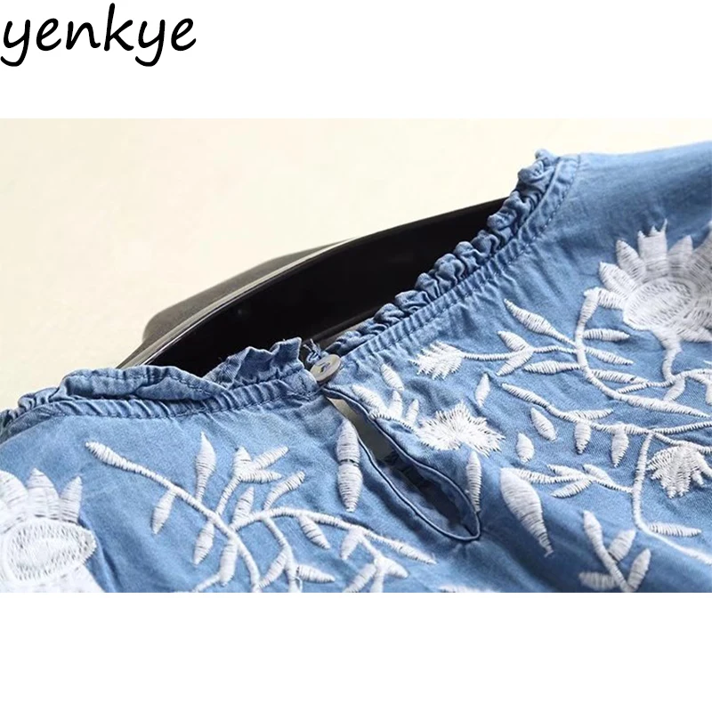 Vintage Blue Tencel Denim Blouses Women O Neck Three-Quarter Sleeve Floral Embroidered Shirt Plus Size Summer Tops Vintage Blue Tencel Denim Blouses Women O Neck Three-Quarter Sleeve Floral Embroidered Shirt Plus Size Summer Tops