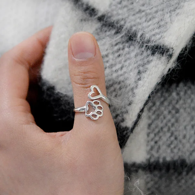 Fashion Hollow Paw Foot Print Love Heart Adjustable Ring Animal Beloved Pet Ring Fashion Hollow Paw Foot Print Love Heart Adjustable Ring Animal Beloved Pet Ring